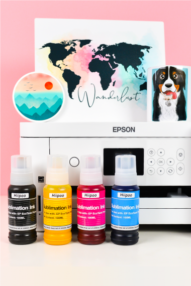 Epson printer, Hiipoo Sublimation Ink, and several sublimation projects