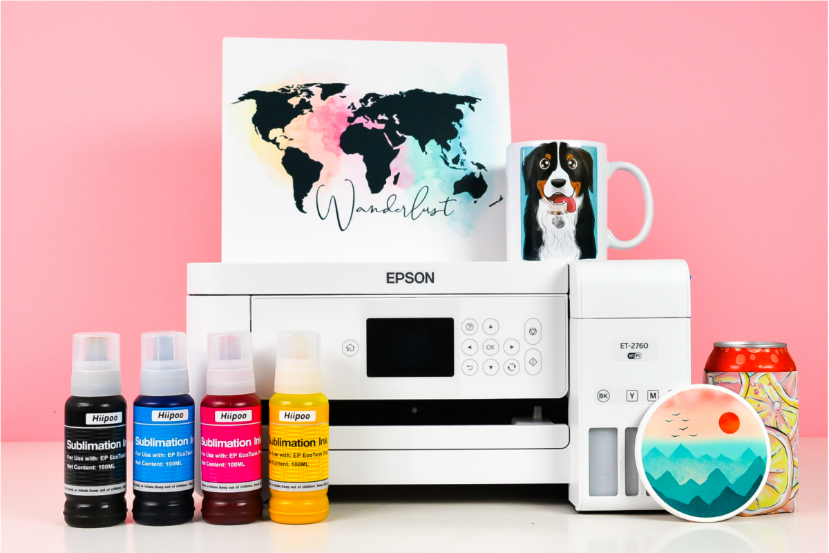 Epson printer, Hiipoo Sublimation Ink, and several sublimation projects