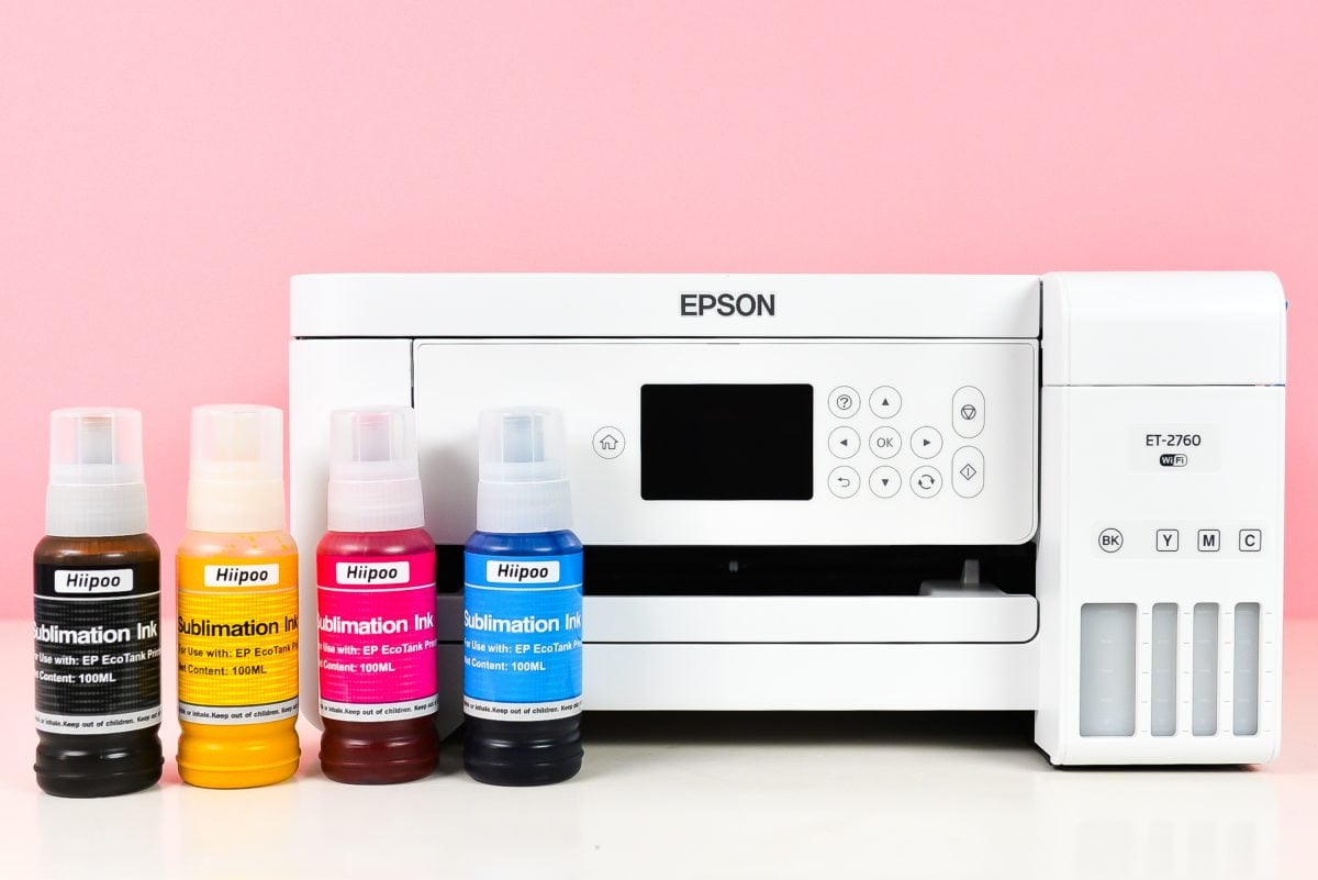 Epson Printer with Hiipoo Inks on white table with pink background.