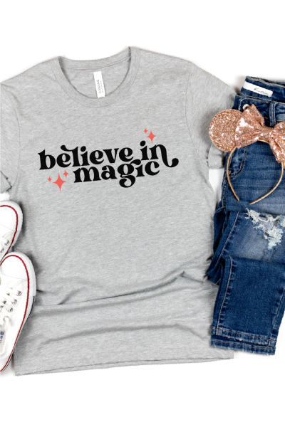 Believe in Magic SVG on gray shirt with sparkly Mickey ears