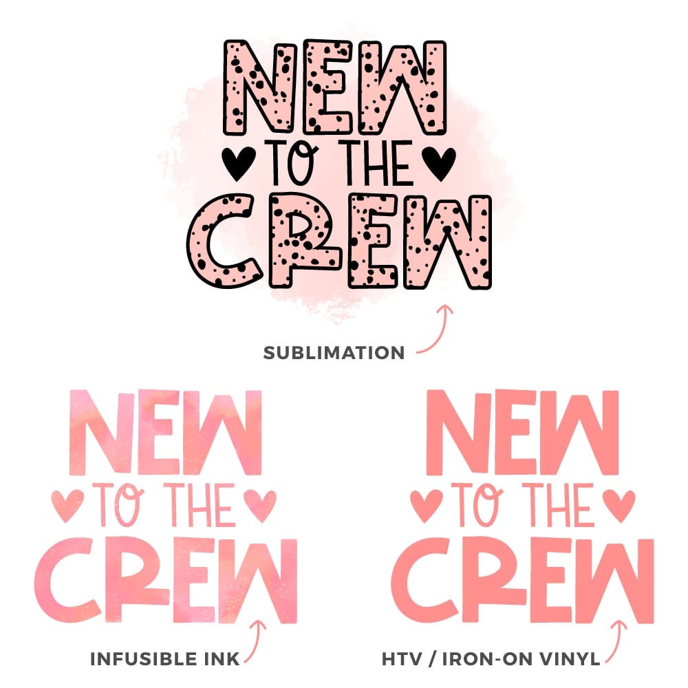 Image showing the difference between Sublimation, Cricut Infusible Ink, and HTV