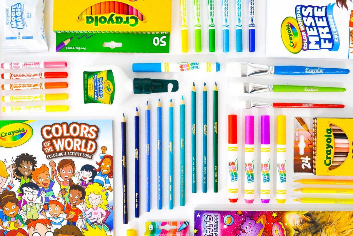 Huge array of Crayola products arranged in a grid.
