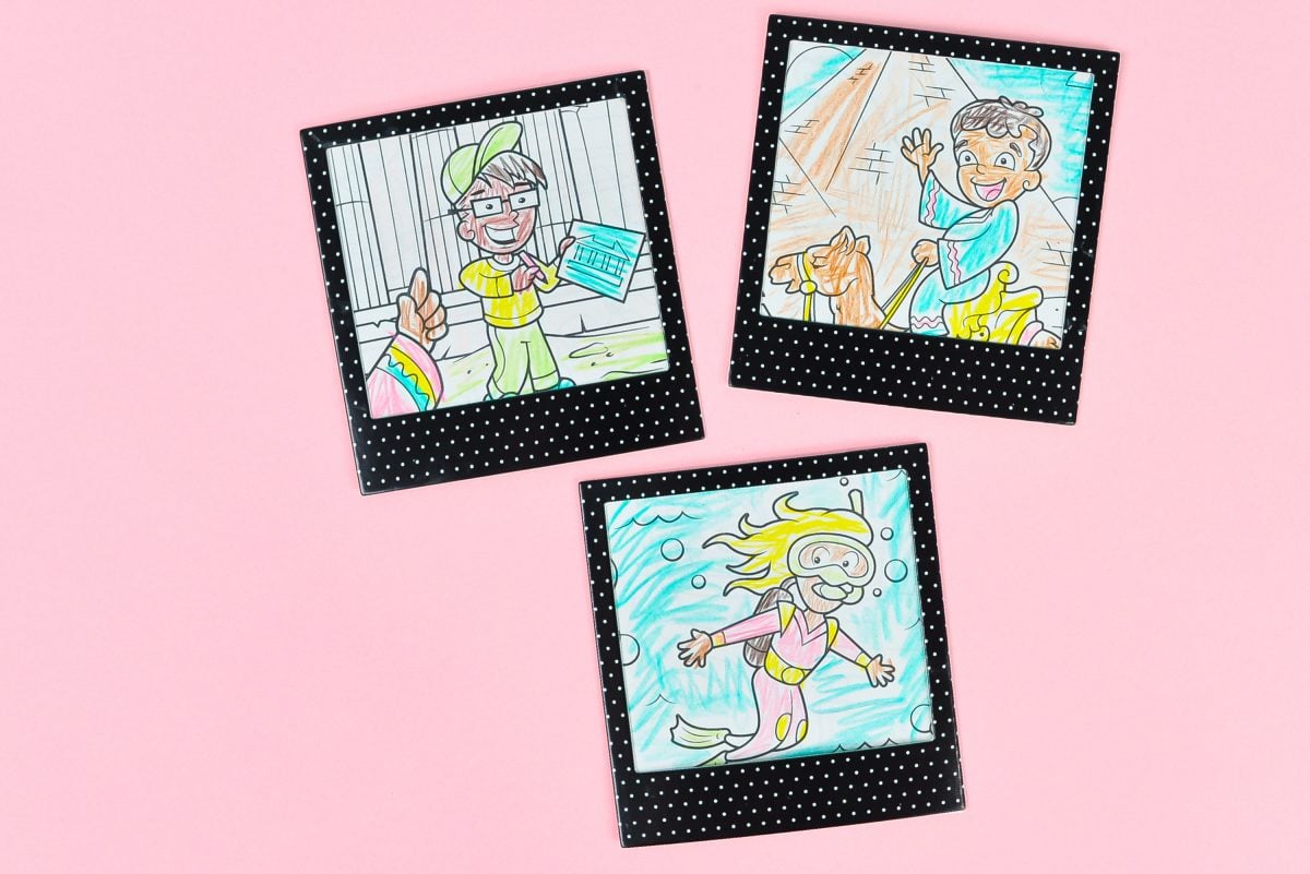 Magnets made using black frames and coloring pages.