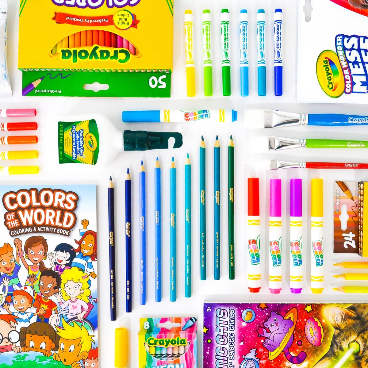 Huge array of Crayola products arranged in a grid.