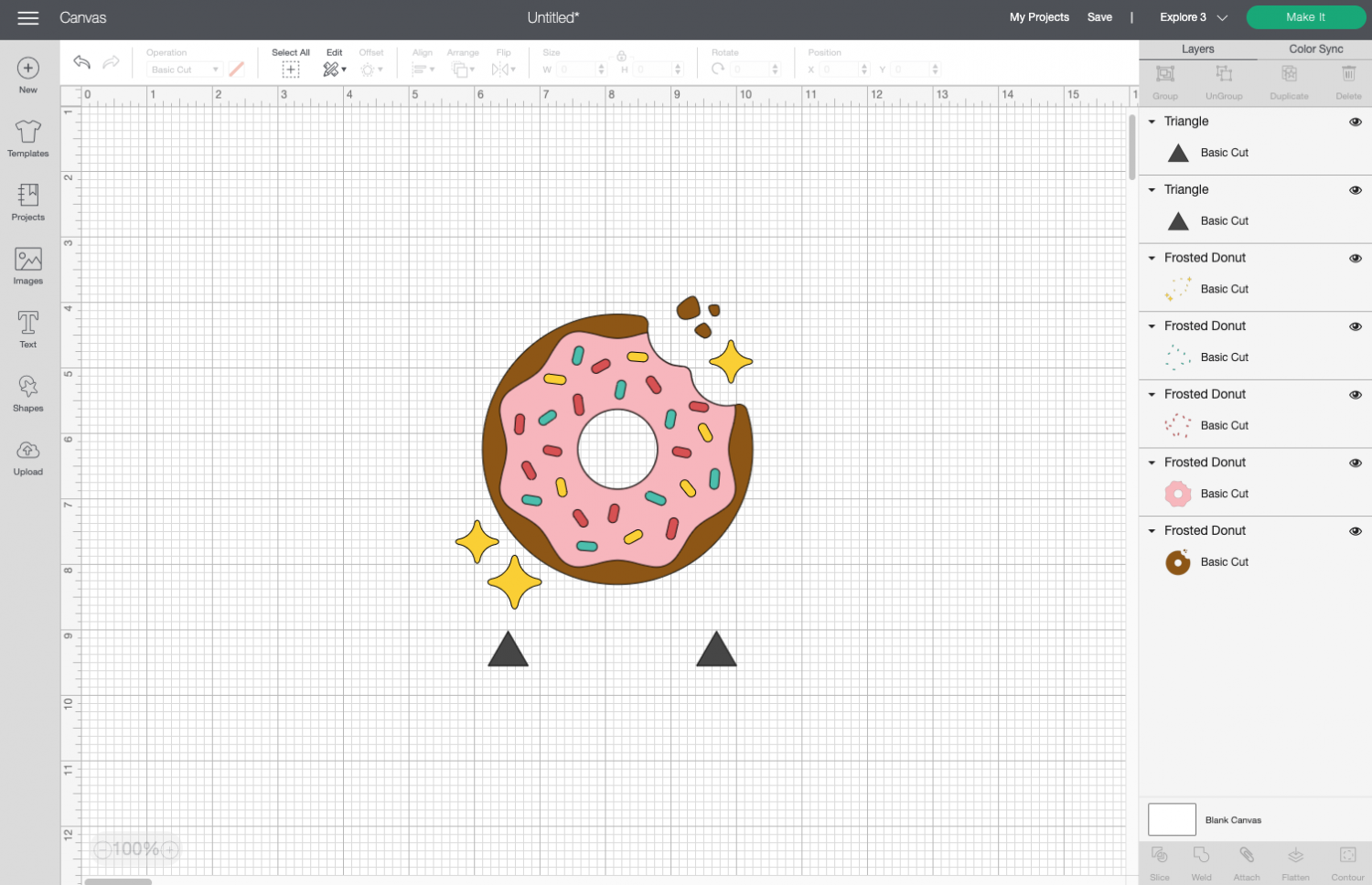 Cricut Design Space: Triangles added below donut.