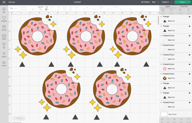 Cricut Design Space: Donut duplicated so there are five images.