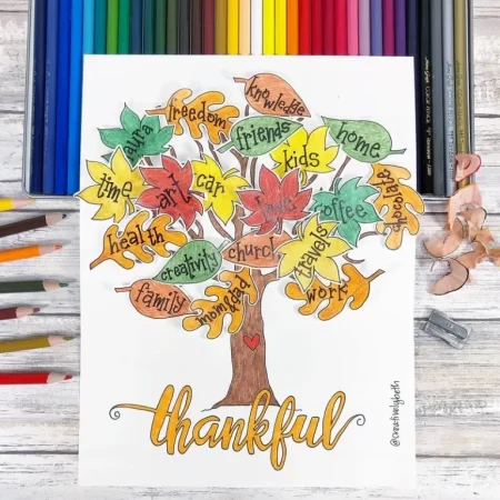 Printable Thankful tree and leaves coloring page