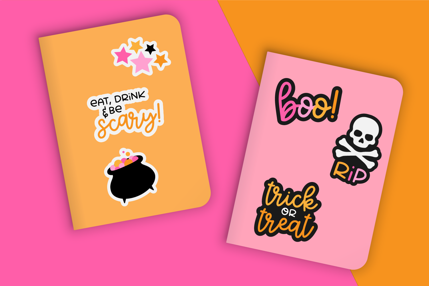 Halloween stickers on pink and orange notebooks.
