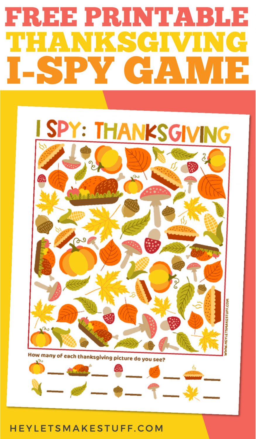 Thanksgiving I-Spy game on yellow and pink background with fake acorns.