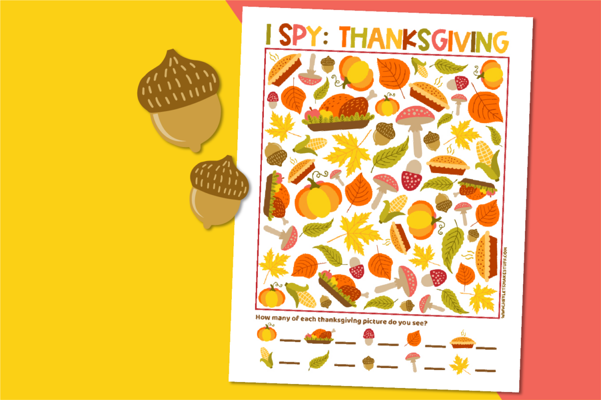 Thanksgiving I-Spy game on yellow and pink background with fake acorns.