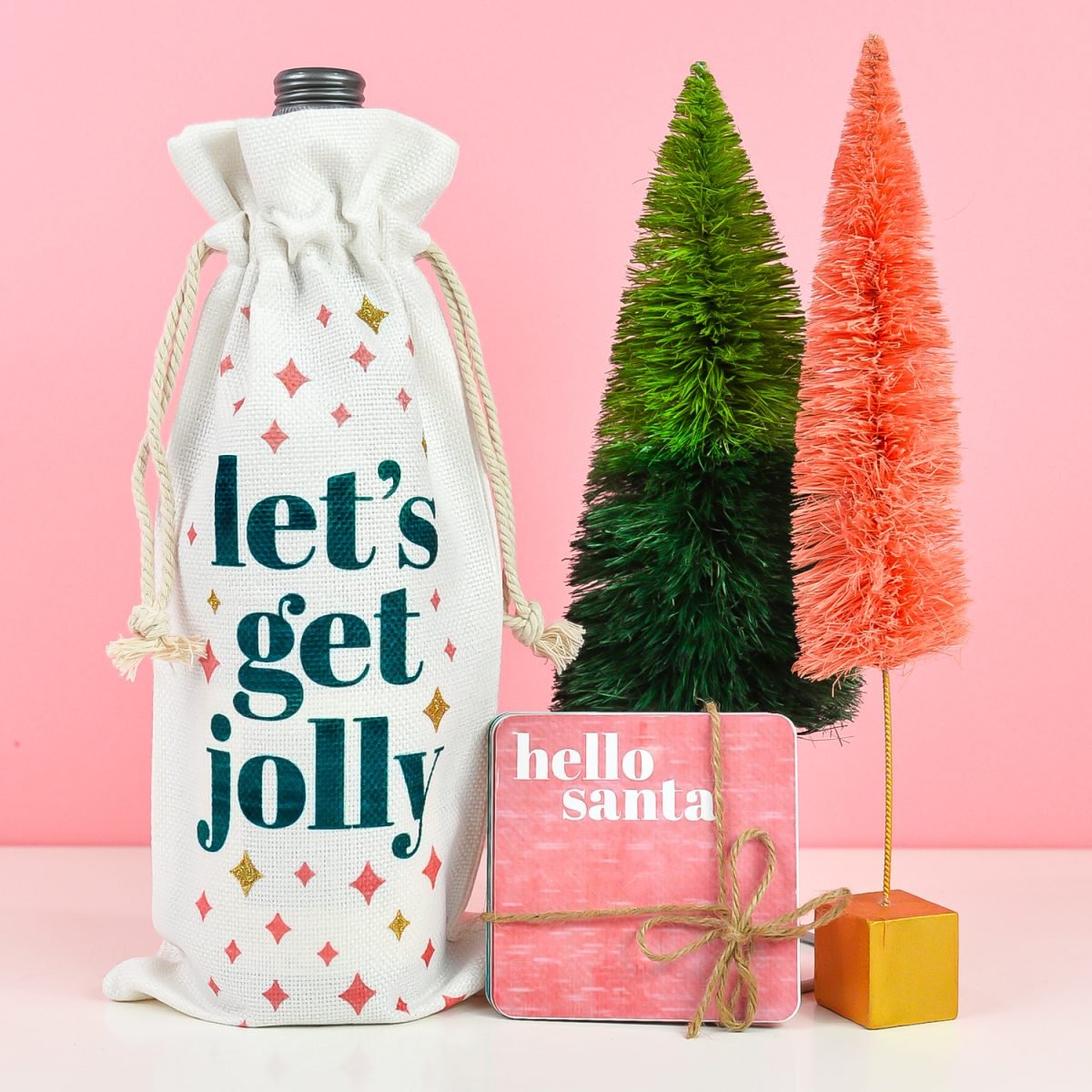 Final wine gifts with "Let's Get Jolly" wine bag and wine coasters.