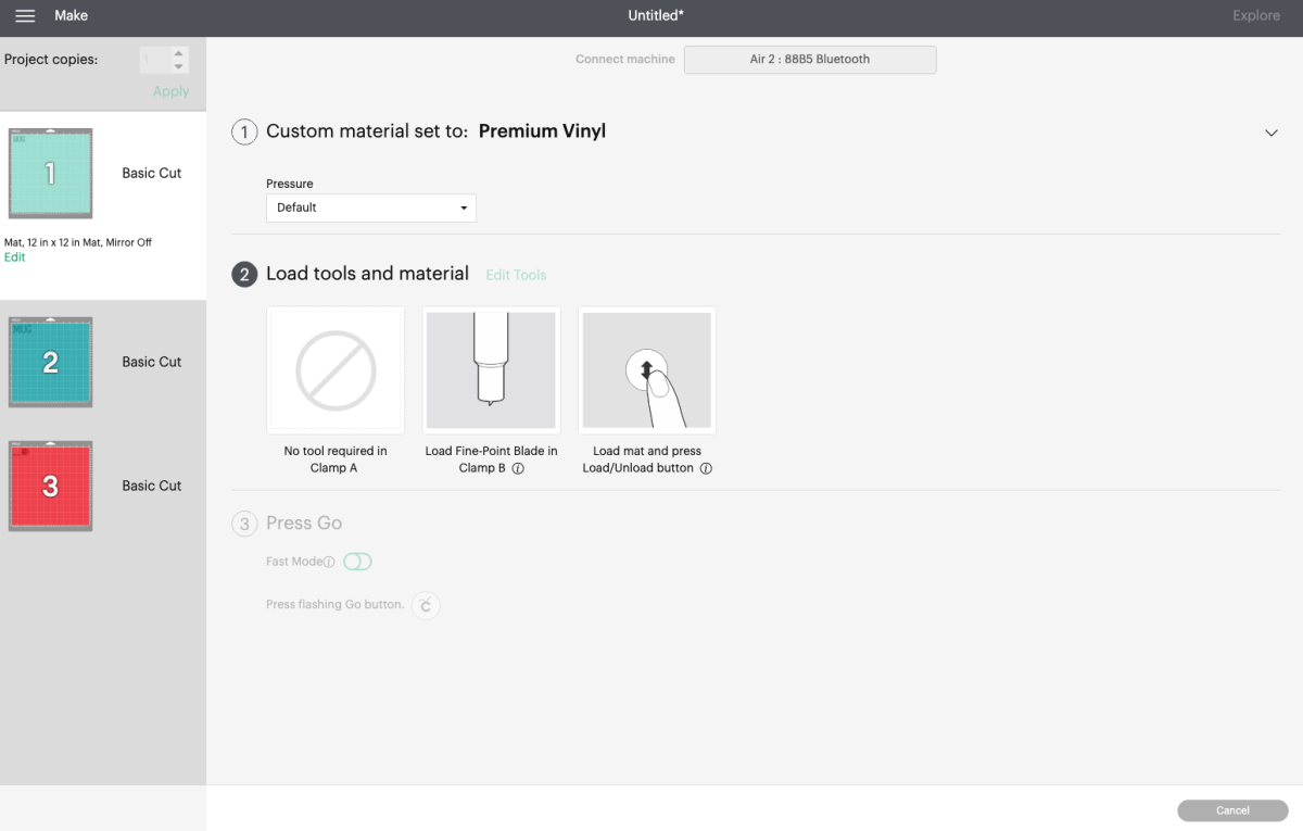Cricut Design Space: Make screen with materials and tools selected.