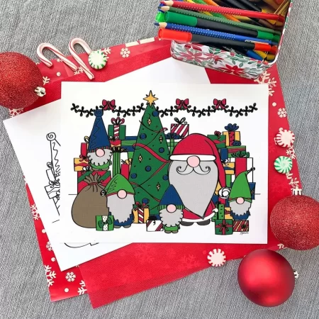 Christmas gnome coloring page features Santa and his gnome elves