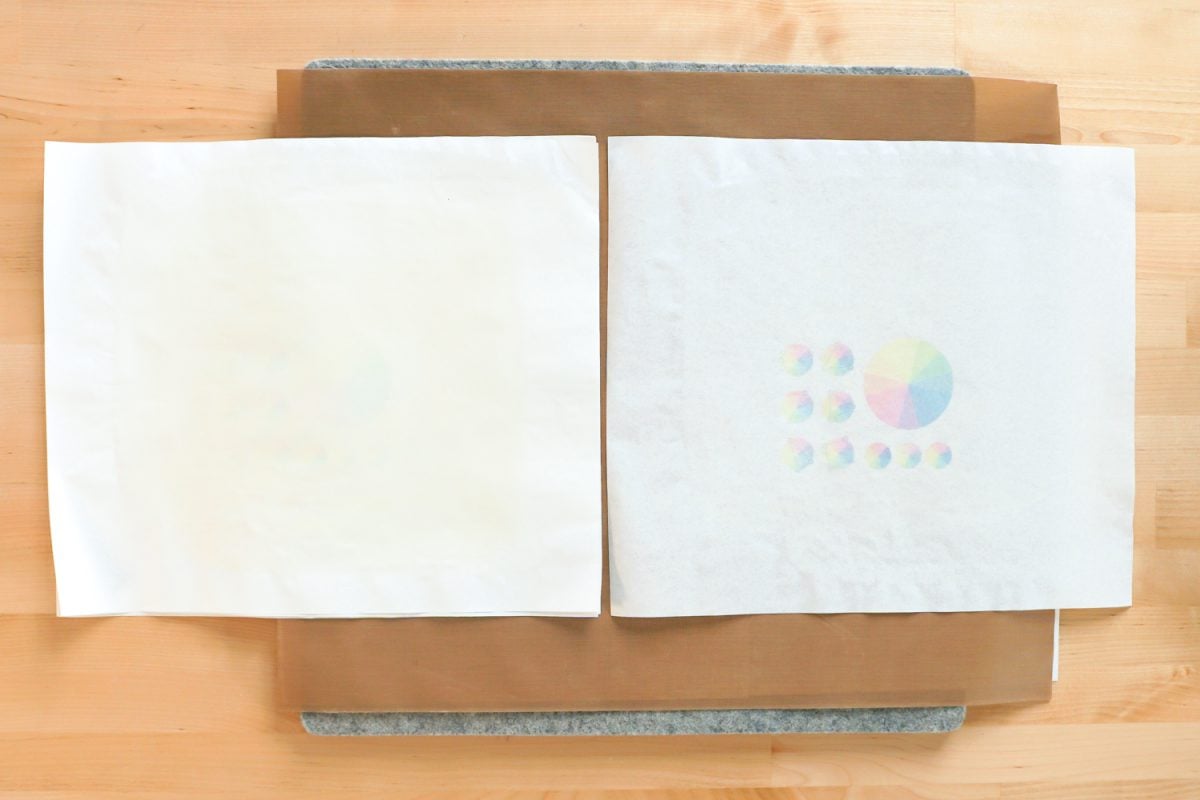 Comparison between butcher paper with sublimation paper and copy paper. The paper on the right has bleed-through of the color wheel image.