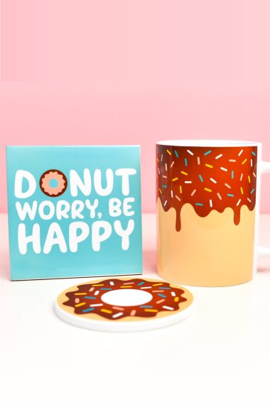 Sublimated tile, mug, and coaster, all with a donut theme.