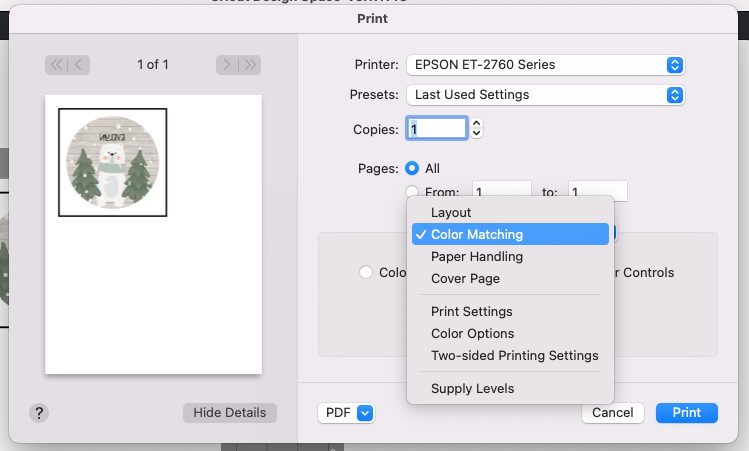 Print dialog box: choose Color Matching from dropdown