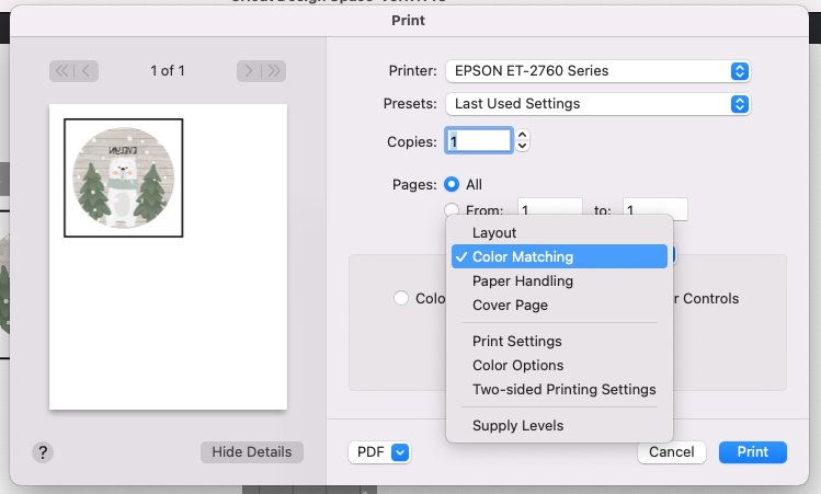 Screenshot of choosing Color Matching from the dropdown in the Print Dialog Box