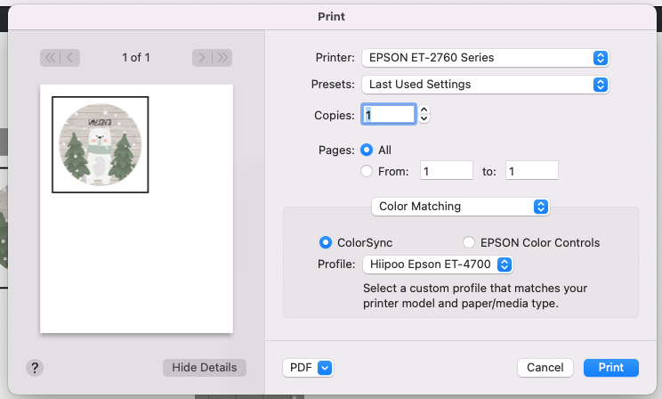 Print dialog box: choose ColorSync Profile