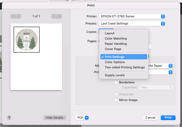 Print settings dropdown for Print Settings