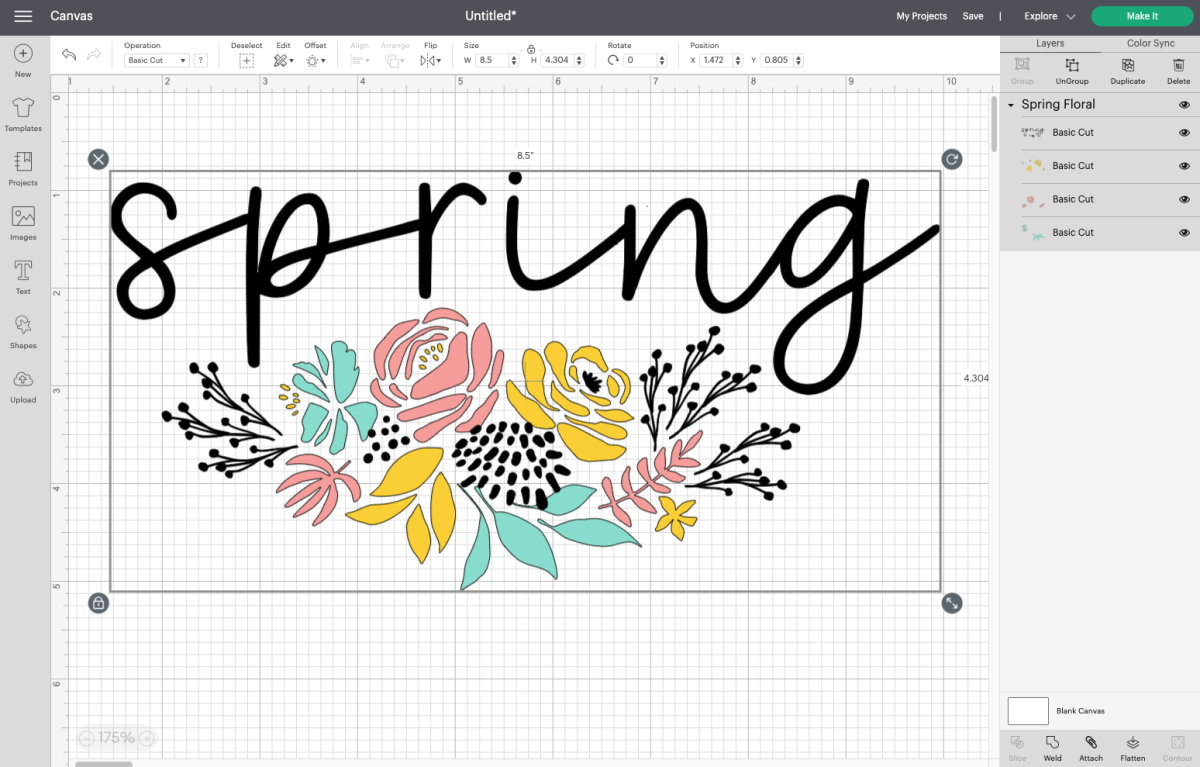 Cricut Design Space: uploaded Spring file on Canvas