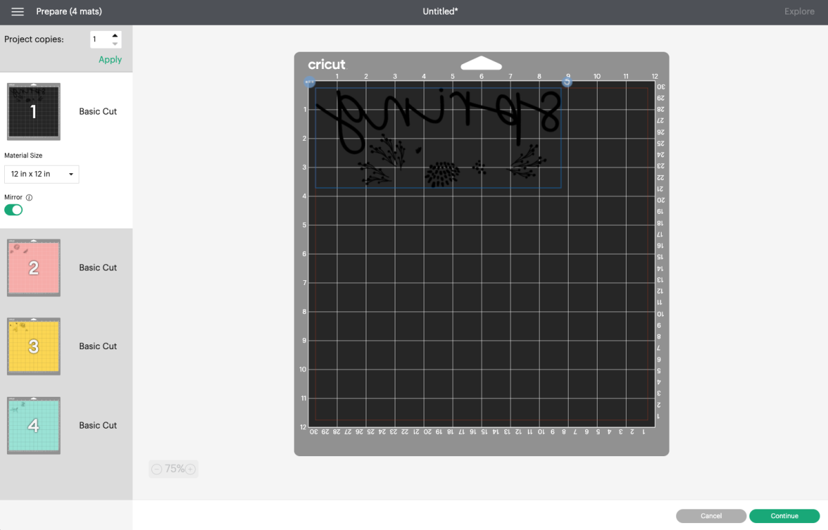 Cricut Design Space: mirrored layers in Prepare Screen.