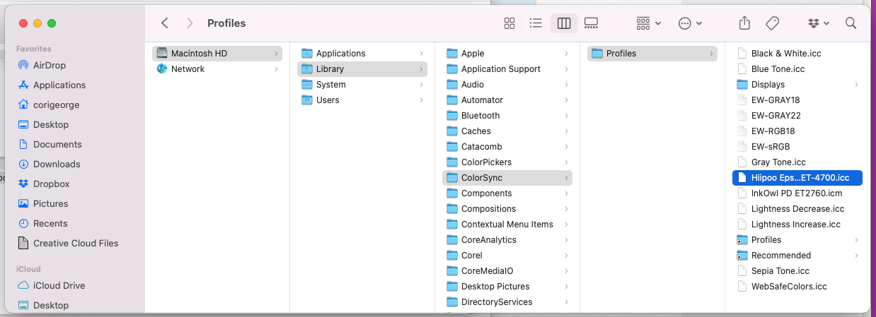 Finder showing path to put ICC file in Profiles folder