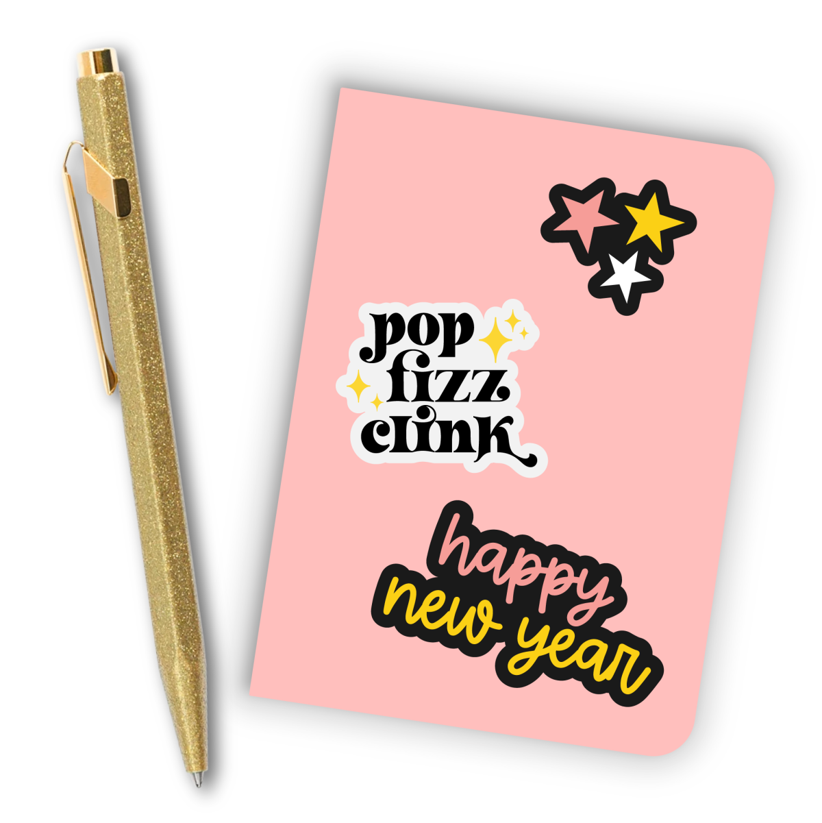 New Year's Eve stickers on notebook