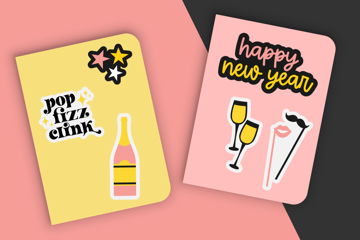 New Year's Eve stickers on notebooks