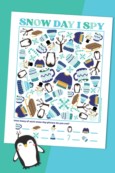 Snow Day iSpy game on teal and blue background with a penguin.