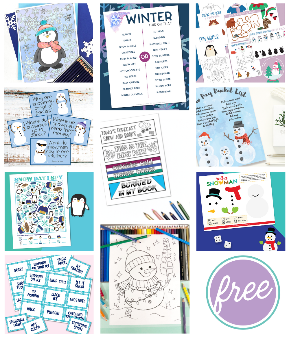 Collage of snow day printables