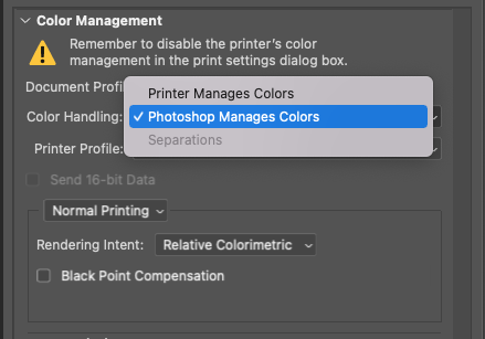 Choose Photoshop Manages Colors