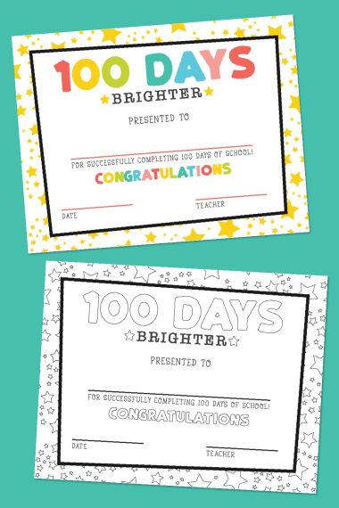 Free printable 100 Days of school certificate on teal background