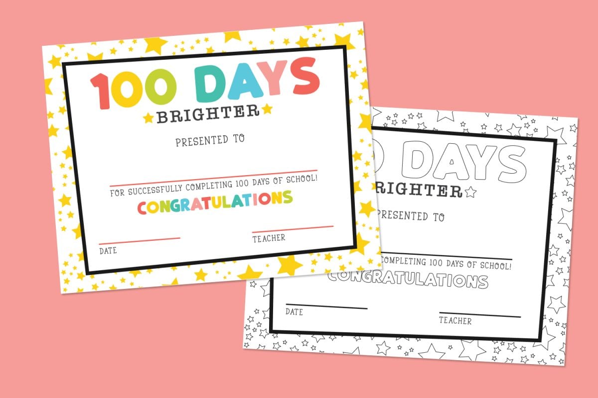 Free printable 100 Days of school certificate on pink background