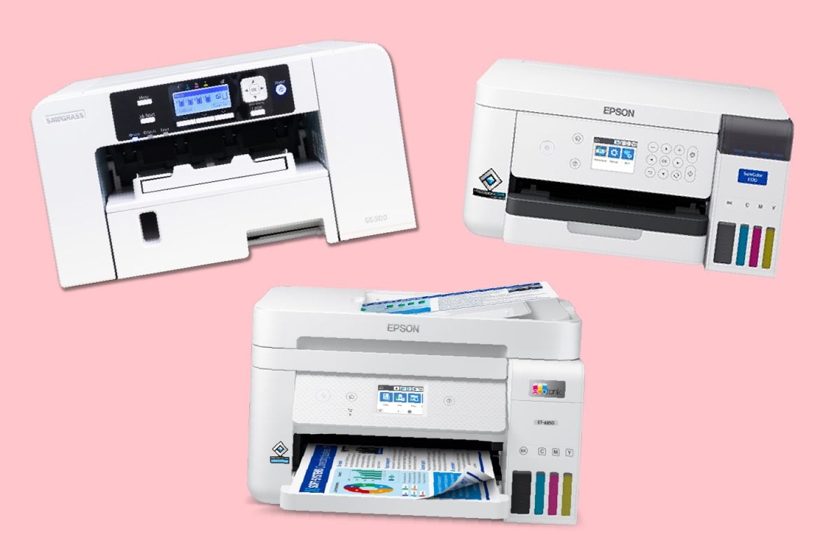 Sublimation printer comparison: Sawgrass, Epson Sublimation, and Epson EcoTank printers on a pink background