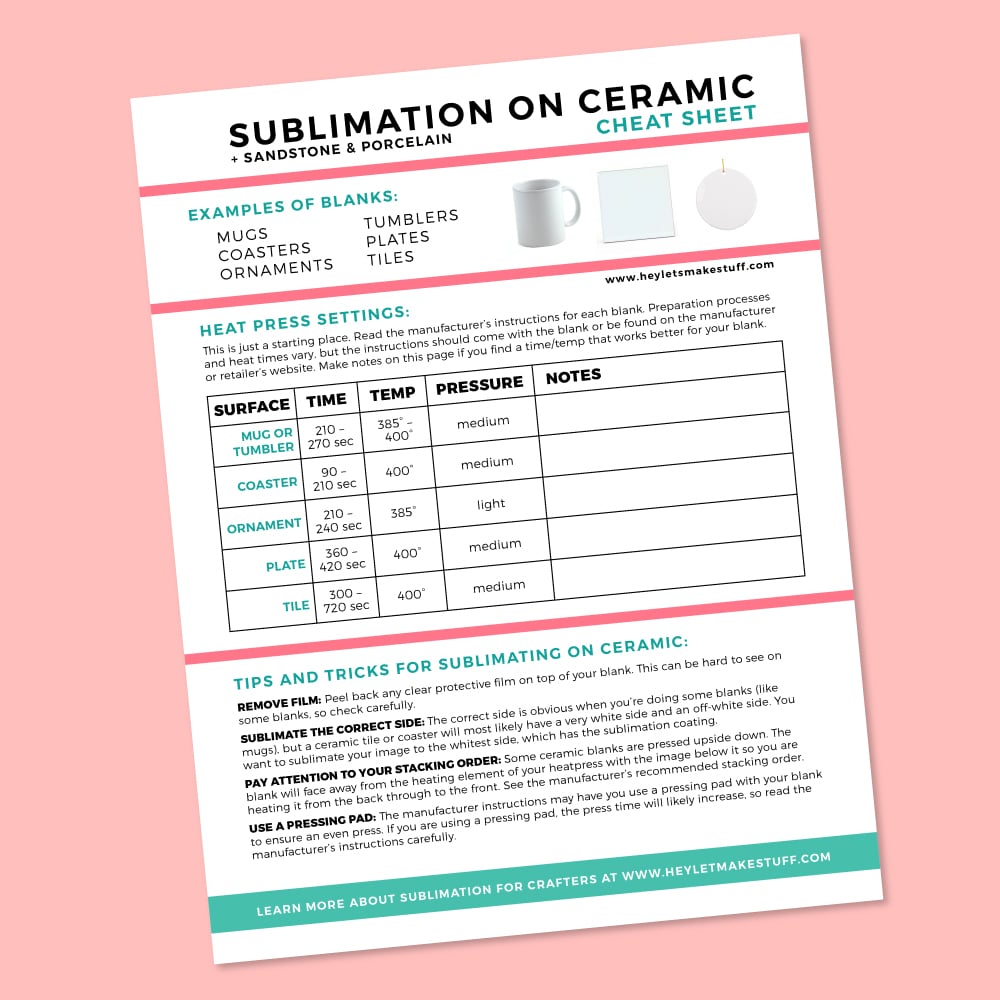 Mockup of Ceramic sublimation cheat sheet on pink background.