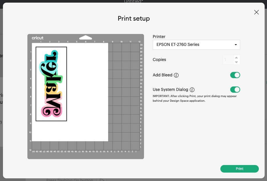 Print Setup screenshot for selecting the sublimation printer and  clicking the sliders for Add Bleed and Use System Dialog Box