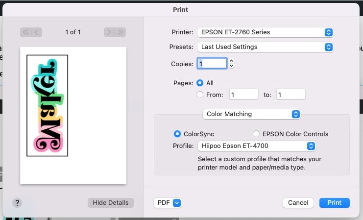 Screenshot for setting up  color management and  ICC profile
