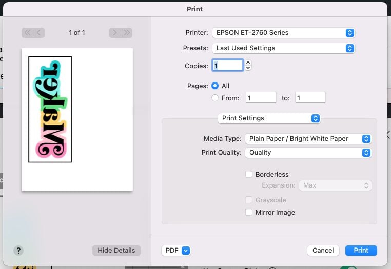 Screenshot for selecting Print Settings and change your Print Quality to Quality (Mac) or High (PC)