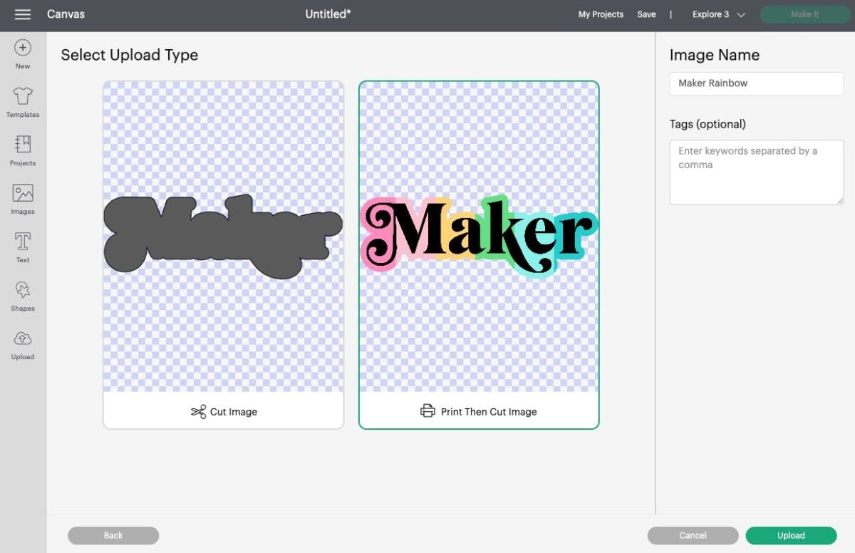 Cricut Design Space: Select Upload Type, choose Print then Cut