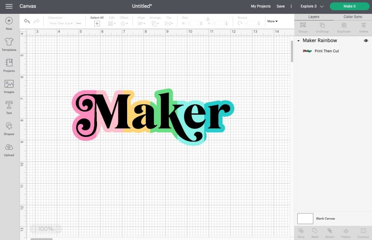 Cricut Design Space: Maker file on Canvas, resized to 7.5" wide.