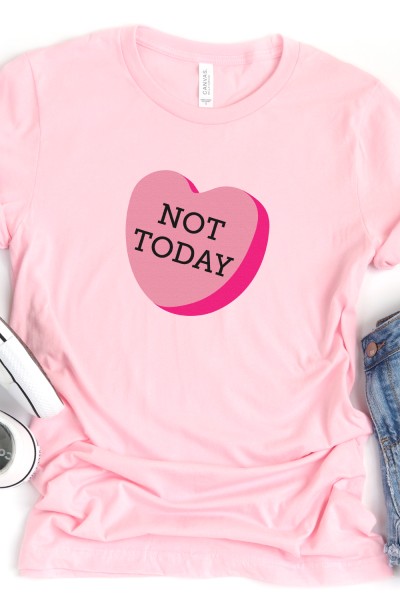 Pink t-shirt with "not today" conversation heart on it