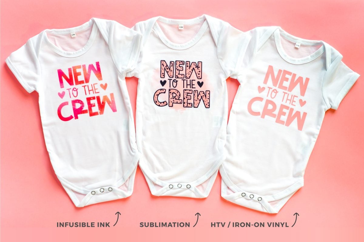 Onesies with New to the Crew image in Cricut Infusible Ink, Sublimation ink, and HTV.