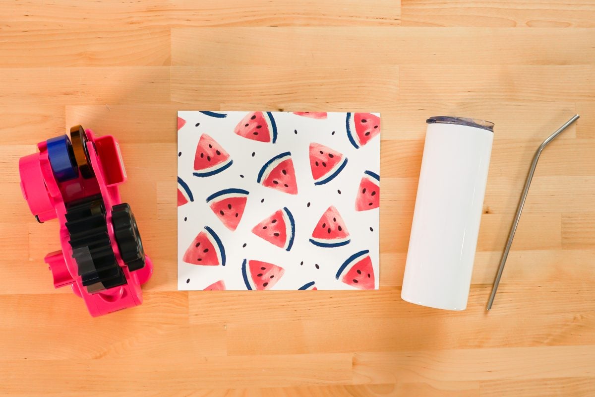 Print of watermelon tumbler wrap with tape dispenser and tumbler