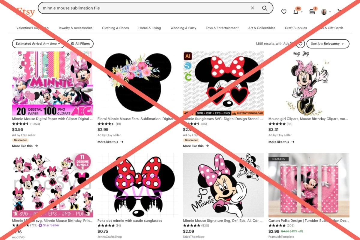 Minnie Mouse Etsy results with red X