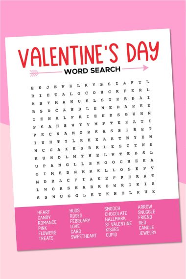Valentine's Day word search on pink background.