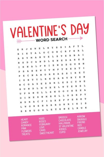 Valentine's Day word search on pink background.
