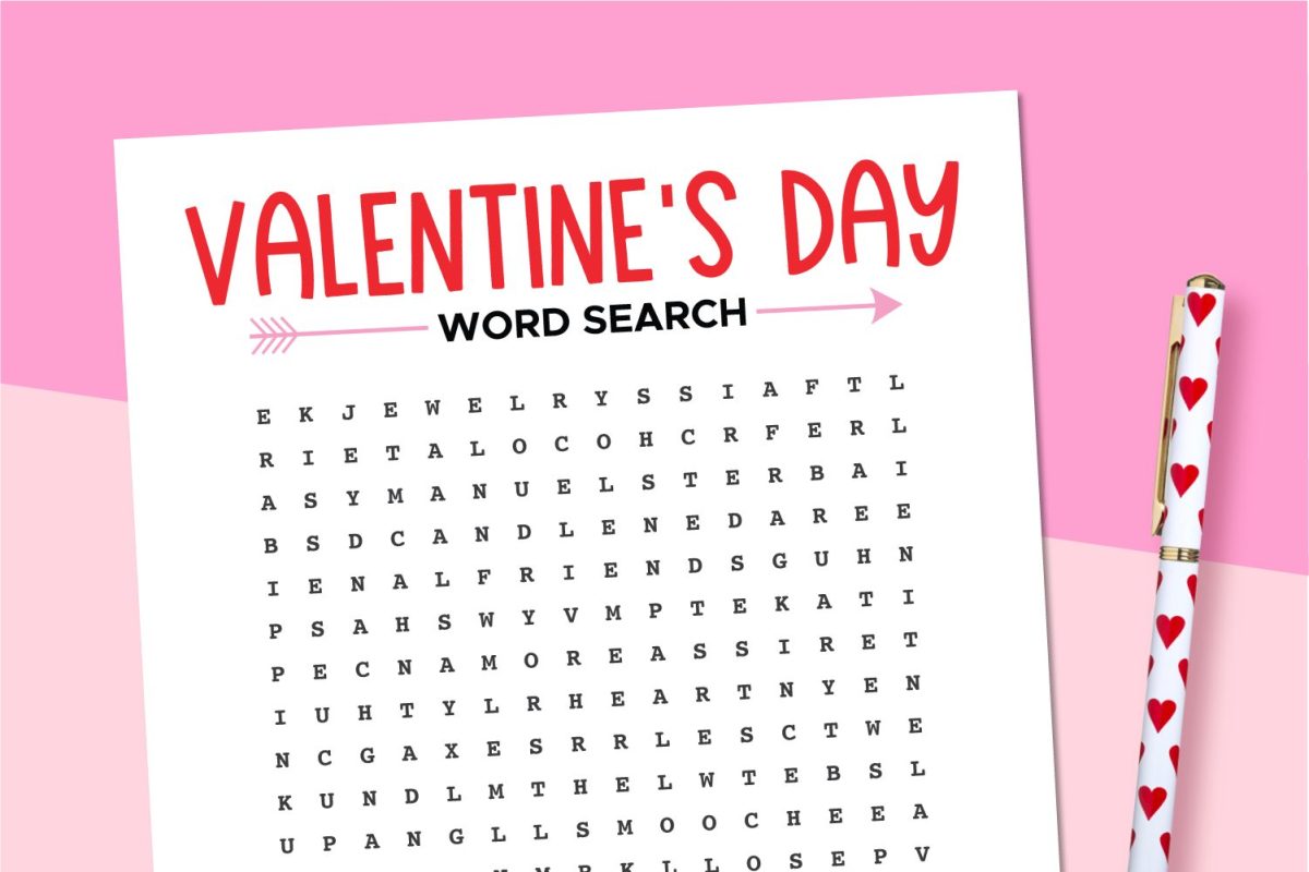 Valentine's Day word search on pink background.