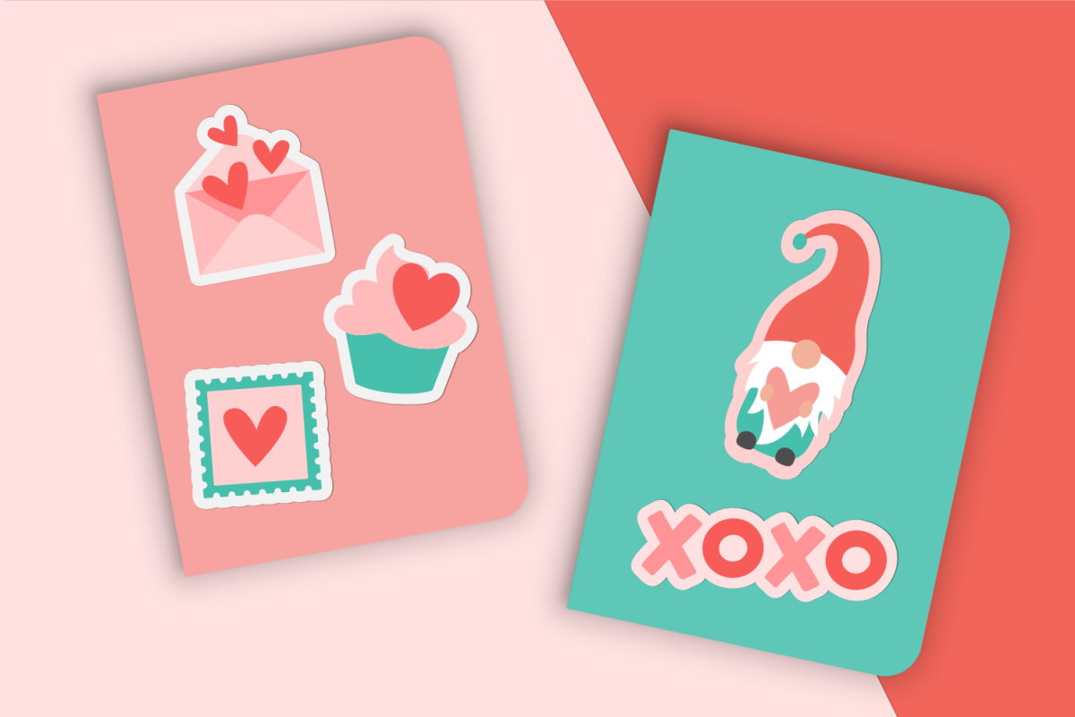 Valentine stickers on  pink and green notebooks