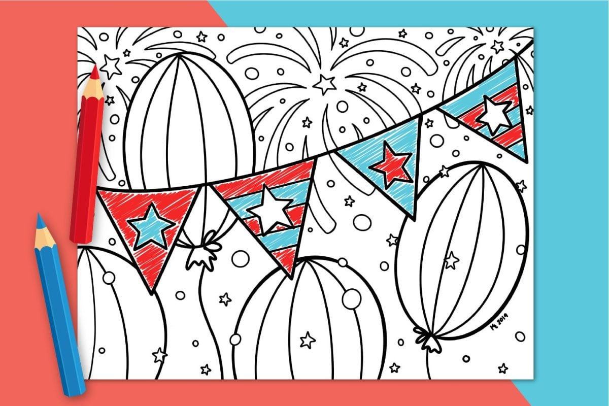4th of July coloring pages on red and blue background with colored pencils