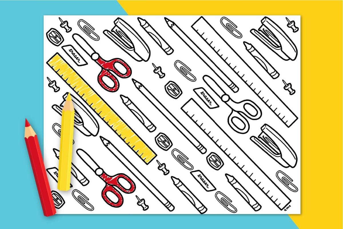 School Coloring Page on blue and yellow background with colored pencils